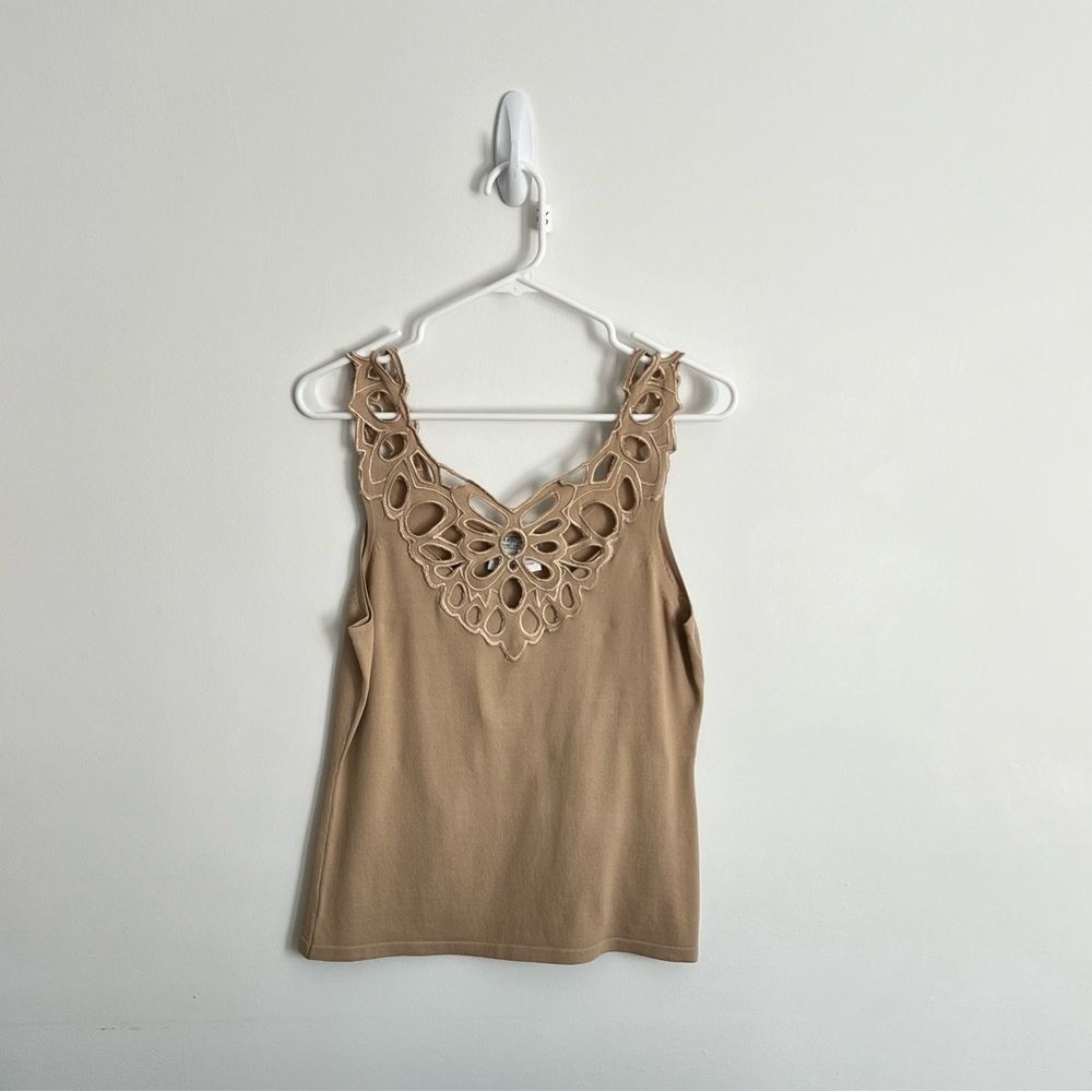 Alberto Makali Top Blouse Tank Eyelet L Tan Nude Cami